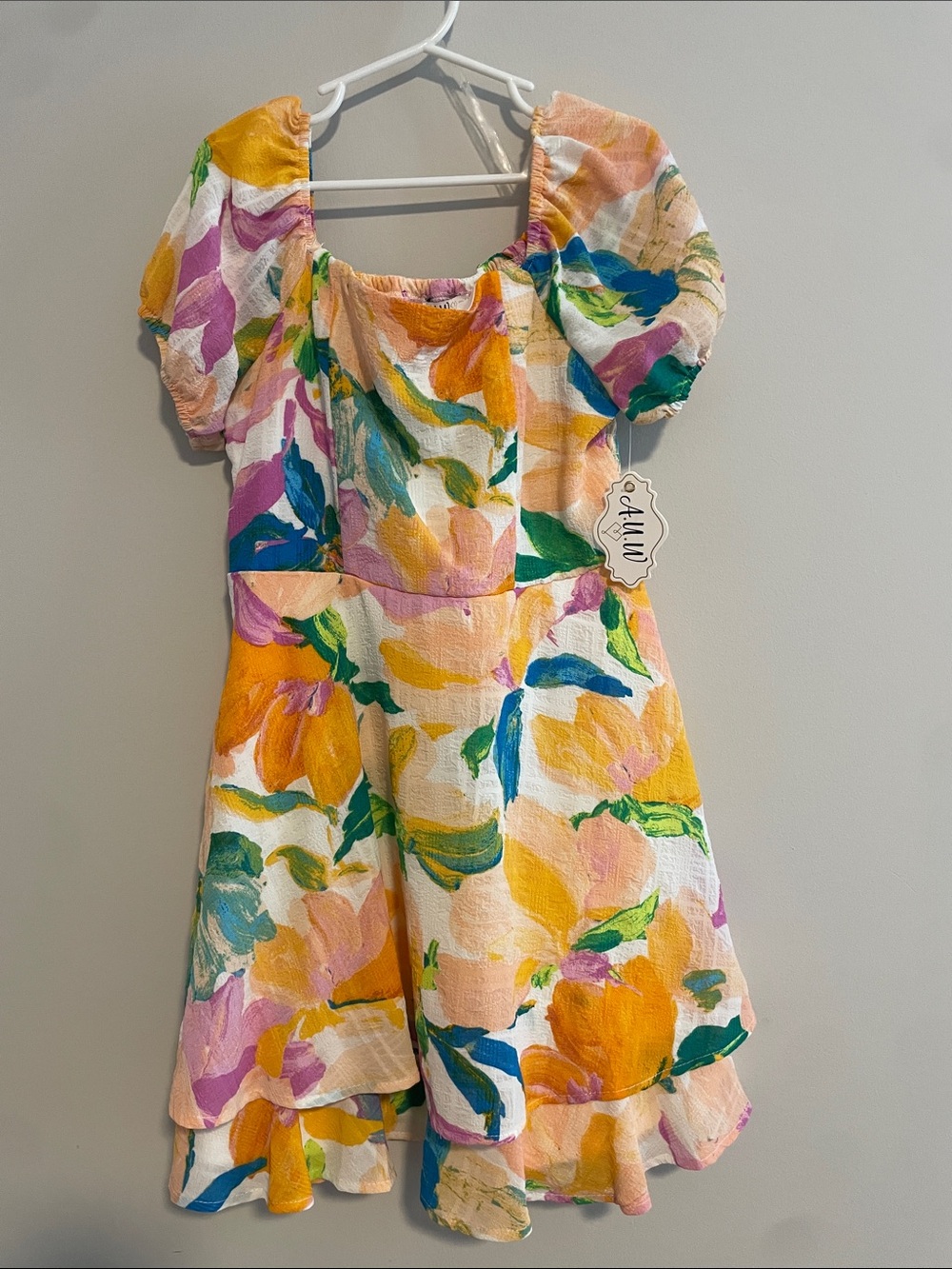 Girls Floral Puff-Sleeve Dress in Yellow Multicolor